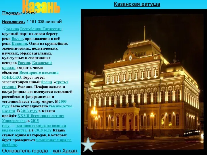 Казань Площадь: 425 км² Население: 1 161 308 жителей Столица Республики Татарстан, крупный