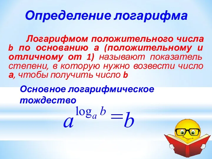 Определение логарифма Логарифмом положительного числа b по основанию а (положительному