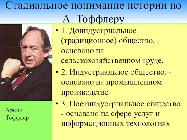 Стадиальное понимание истории по А. Тоффлеру 1. Доиндустриальное (традиционное) общество.