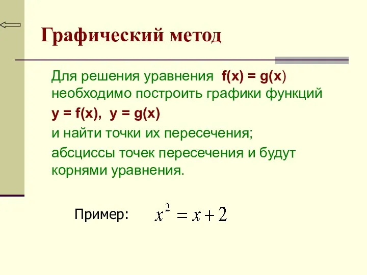 Графический метод Для решения уравнения f(x) = g(x) необходимо построить графики функций y