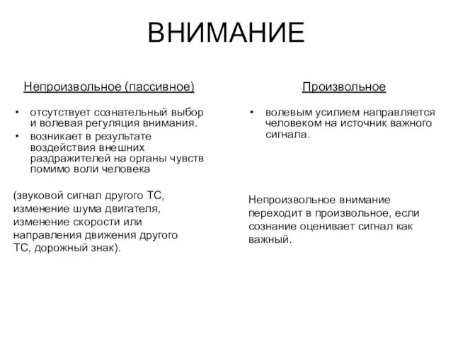 ВНИМАНИЕ Непроизвольное (пассивное) отсутствует сознательный выбор и волевая регуляция внимания.