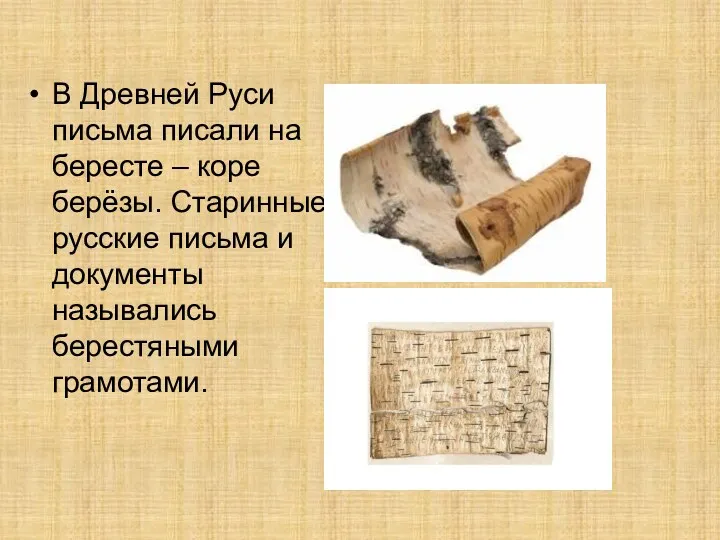 В Древней Руси письма писали на бересте – коре берёзы.