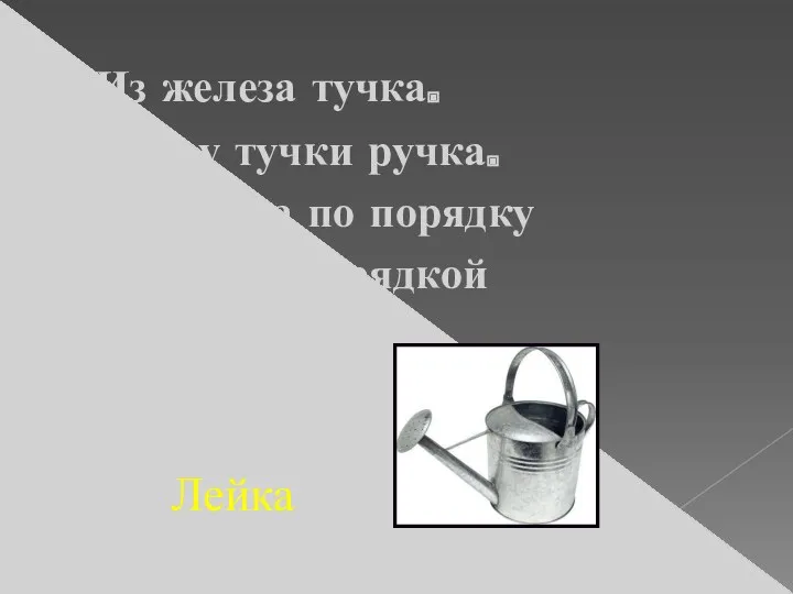 Из железа тучка. Есть у тучки ручка. Эта тучка по порядку Обойдёт за грядкой грядку. Лейка