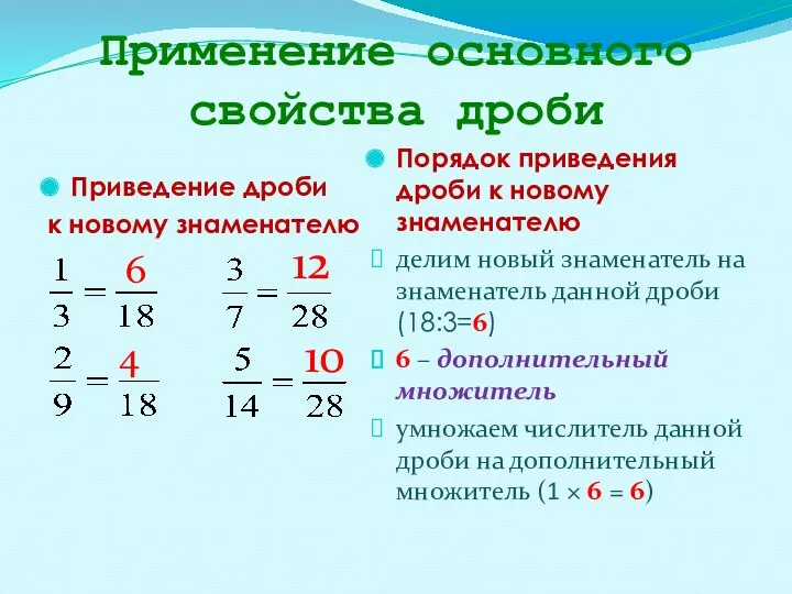 Применение основного свойства дроби Приведение дроби к новому знаменателю Порядок приведения дроби к