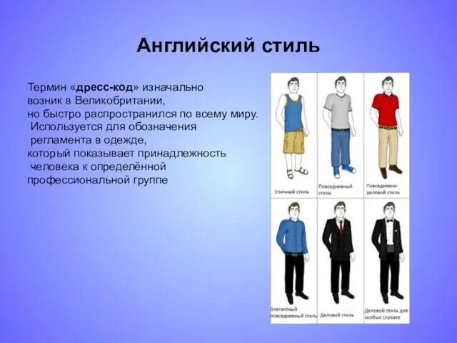 Английский стиль Термин «дресс-код» изначально возник в Великобритании, но быстро