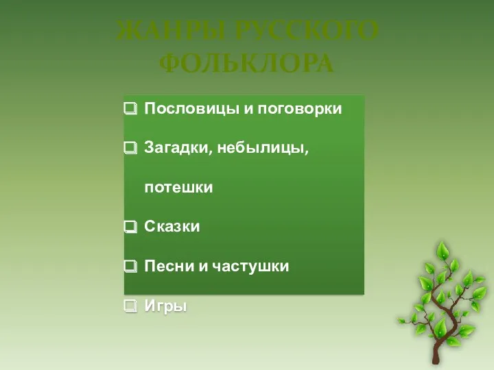 Жанры русского фольклора Пословицы и поговорки Загадки, небылицы, потешки Сказки Песни и частушки Игры