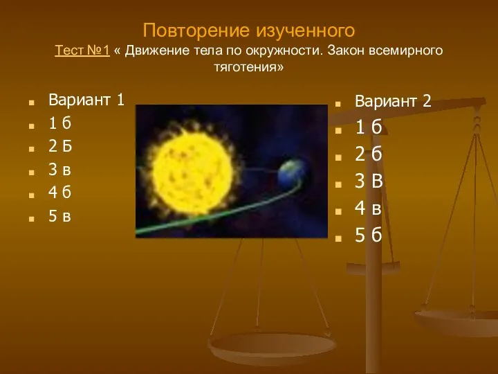 Повторение изученного Тест №1 « Движение тела по окружности. Закон