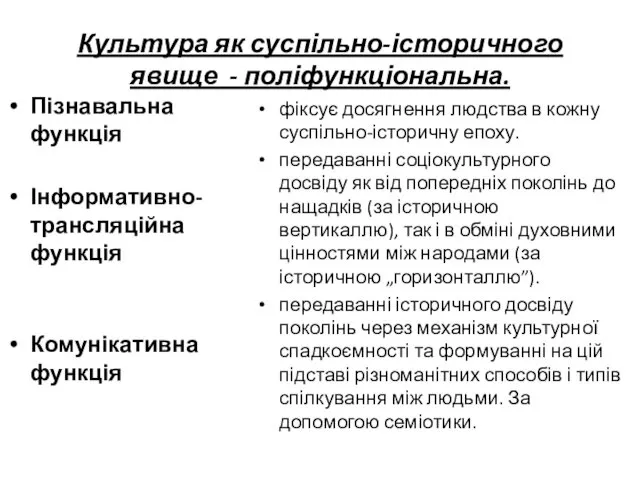 Культура як суспільно-історичного явище - поліфункціональна. Пізнавальна функція Інформативно-трансляційна функція