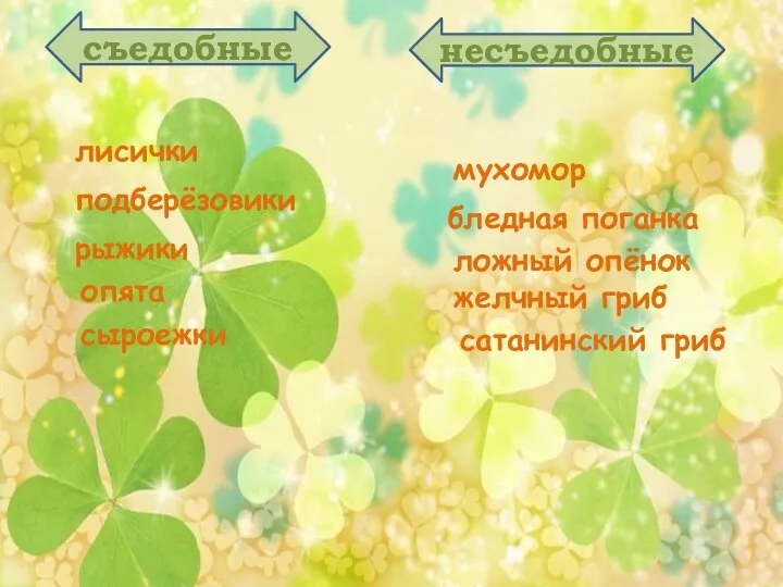 съедобные несъедобные лисички подберёзовики рыжики опята сыроежки мухомор бледная поганка ложный опёнок желчный гриб сатанинский гриб