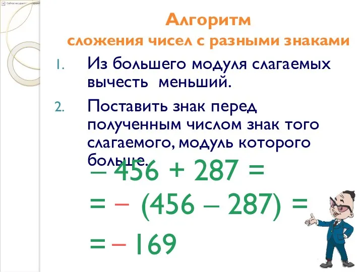Алгоритм сложения чисел с разными знаками Из большего модуля слагаемых
