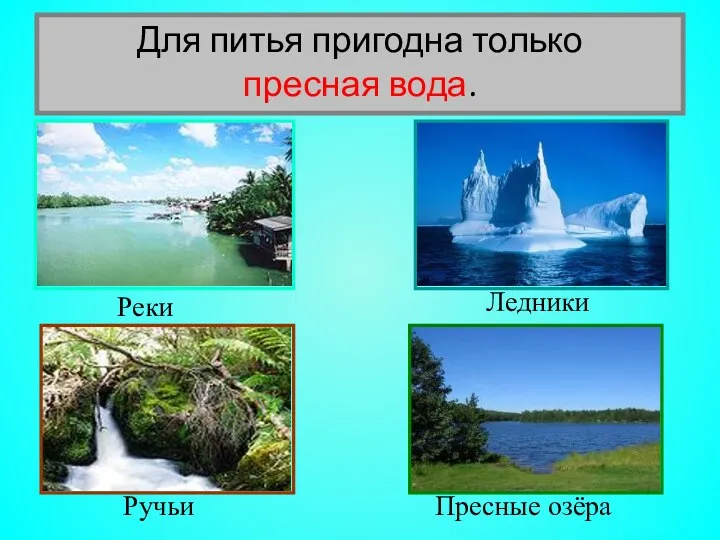 Реки Ледники Ручьи Пресные озёра Для питья пригодна только пресная вода.