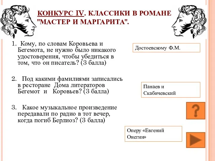 КОНКУРС IV. КЛАССИКИ В РОМАНЕ "МАСТЕР И МАРГАРИТА". 1. Кому, по словам Коровьева