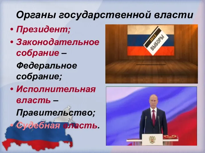 Органы государственной власти Президент; Законодательное собрание – Федеральное собрание; Исполнительная власть – Правительство; Судебная власть.