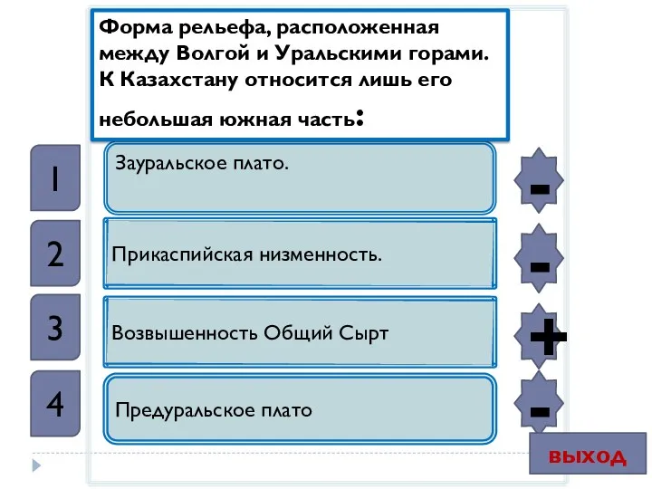 Зауральское плато. Прикаспийская низменность. Возвышенность Общий Сырт Предуральское плато Форма