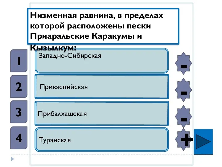 Западно-Сибирская Прикаспийская Прибалхашская Туранская Низменная равнина, в пределах которой расположены