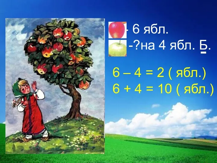 6 – 4 = 2 ( ябл.) 6 + 4 = 10 ( ябл.)