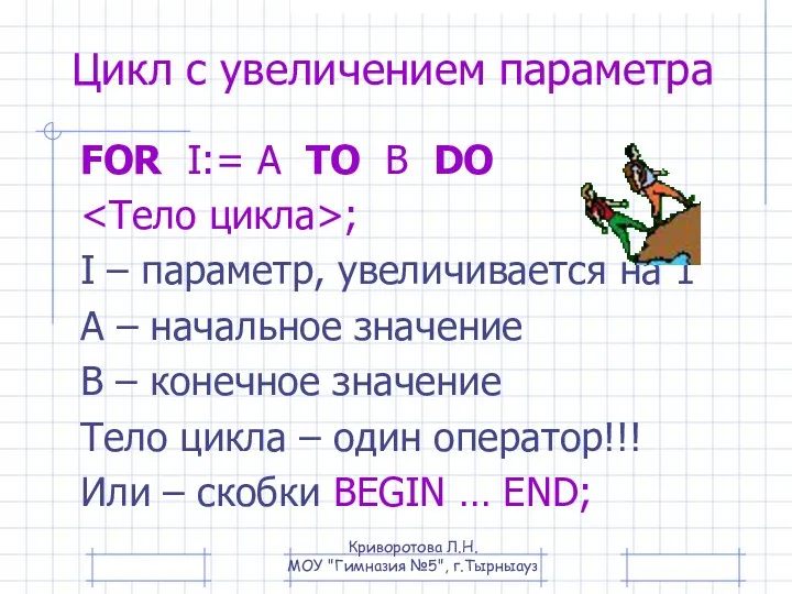 Цикл с увеличением параметра FOR I:= A TO B DO ; I –