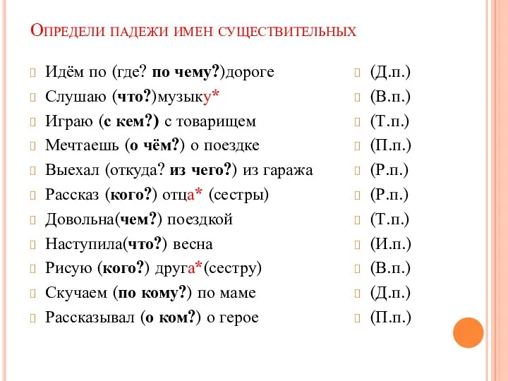 Определи падежи имен существительных Идём по (где? по чему?)дороге Слушаю (что?)музыку* Играю (с