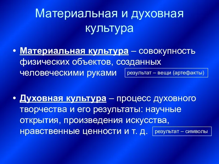 Материальная и духовная культура Материальная культура – совокупность физических объектов,