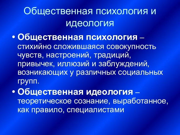 Общественная психология и идеология Общественная психология – стихийно сложившаяся совокупность