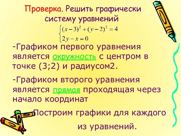 Проверка. Решить графически систему уравнений -Графиком первого уравнения является окружность с центром в