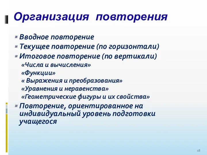 Организация повторения Вводное повторение Текущее повторение (по горизонтали) Итоговое повторение