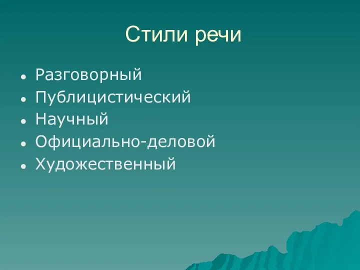 Стили речи Разговорный Публицистический Научный Официально-деловой Художественный