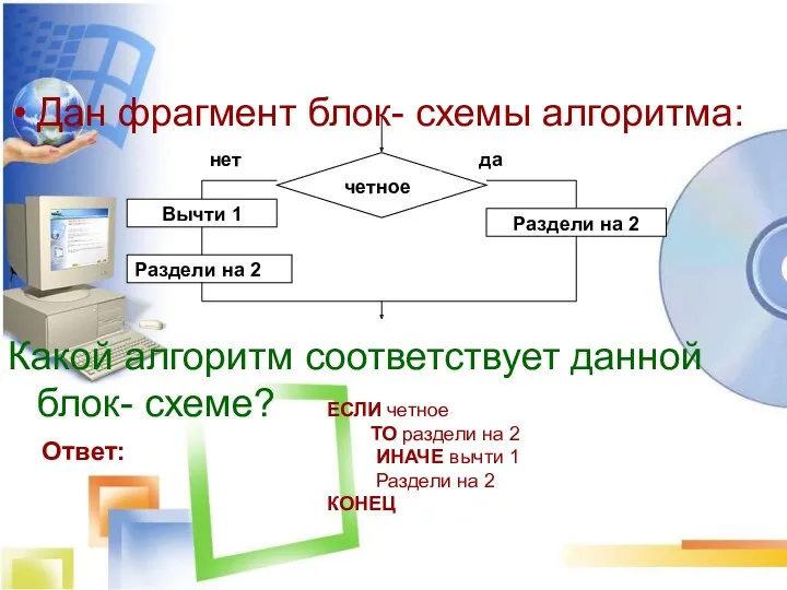 Дан фрагмент блок- схемы алгоритма: Какой алгоритм соответствует данной блок-