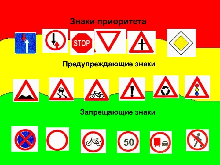 Знаки приоритета Предупреждающие знаки Запрещающие знаки