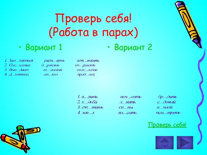 Проверь себя! (Работа в парах) Вариант 1 Вариант 2 Проверь себя!