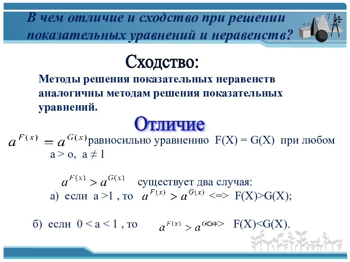 В чем отличие и сходство при решении показательных уравнений и