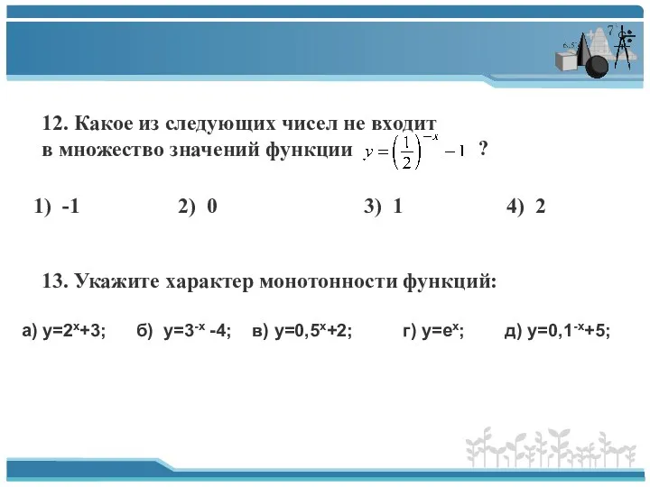 12. Какое из следующих чисел не входит в множество значений