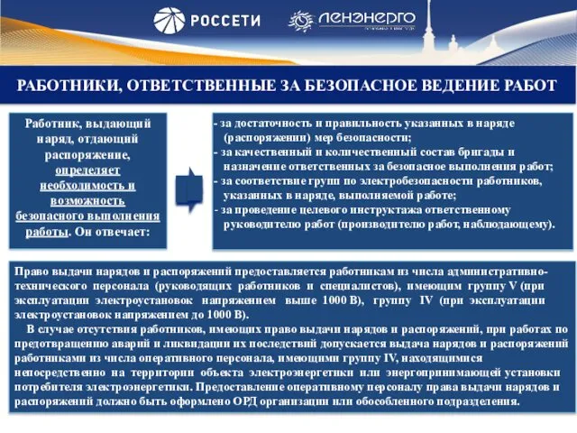 РАБОТНИКИ, ОТВЕТСТВЕННЫЕ ЗА БЕЗОПАСНОЕ ВЕДЕНИЕ РАБОТ Работник, выдающий наряд, отдающий