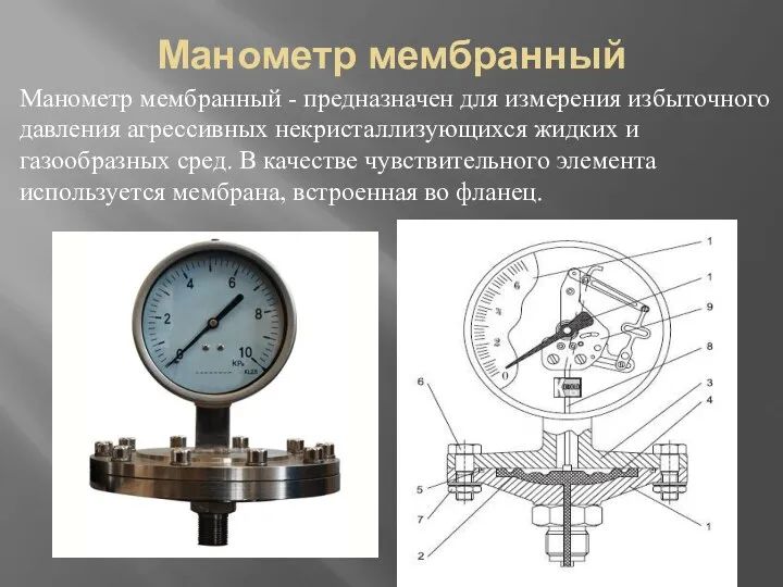 Манометр мембранный Манометр мембранный - предназначен для измерения избыточного давления