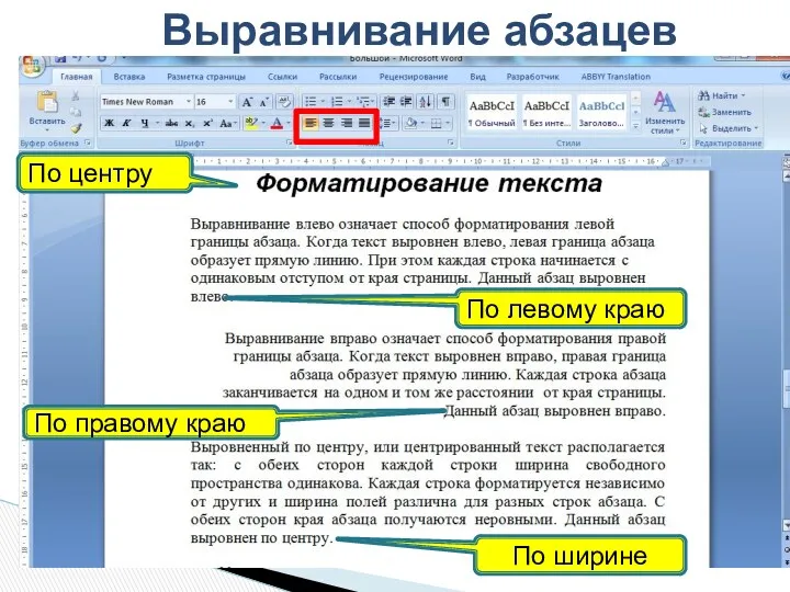 Выравнивание абзацев По центру По левому краю По правому краю По ширине