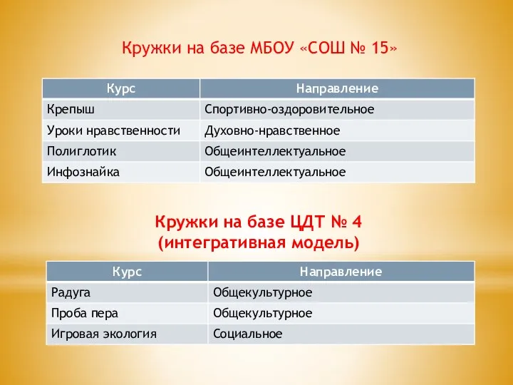 Кружки на базе ЦДТ № 4 (интегративная модель) Кружки на базе МБОУ «СОШ № 15»