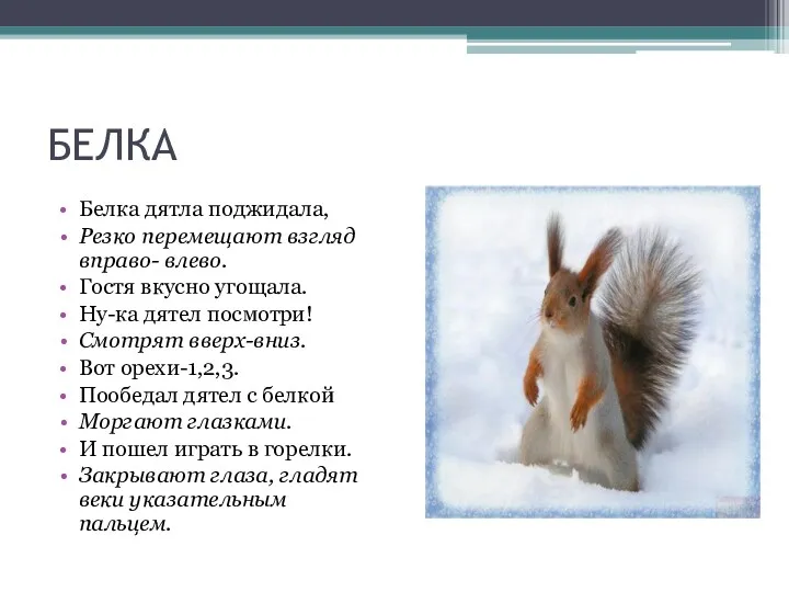 БЕЛКА Белка дятла поджидала, Резко перемещают взгляд вправо- влево. Гостя