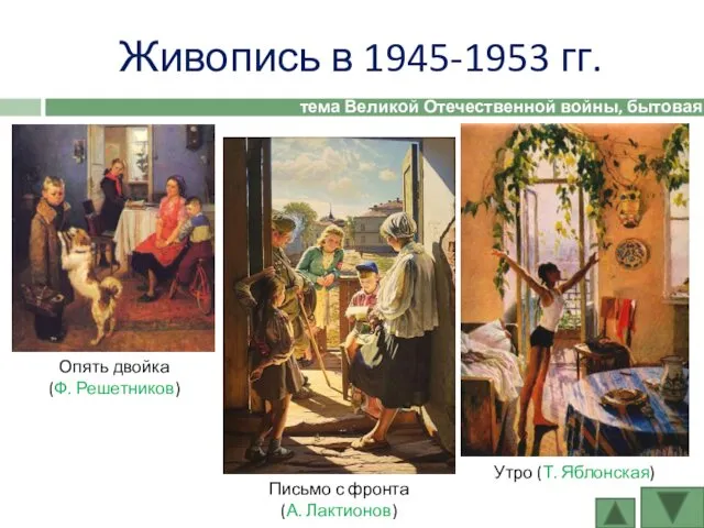 Живопись в 1945-1953 гг. тема Великой Отечественной войны, бытовая сцена