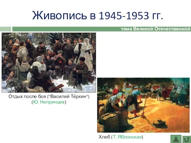 Живопись в 1945-1953 гг. тема Великой Отечественной войны Отдых после боя (“Василий Тёркин”)