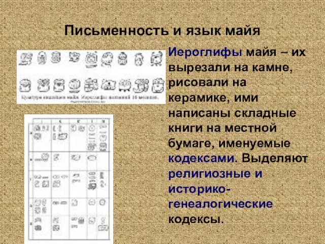 Письменность и язык майя Иероглифы майя – их вырезали на