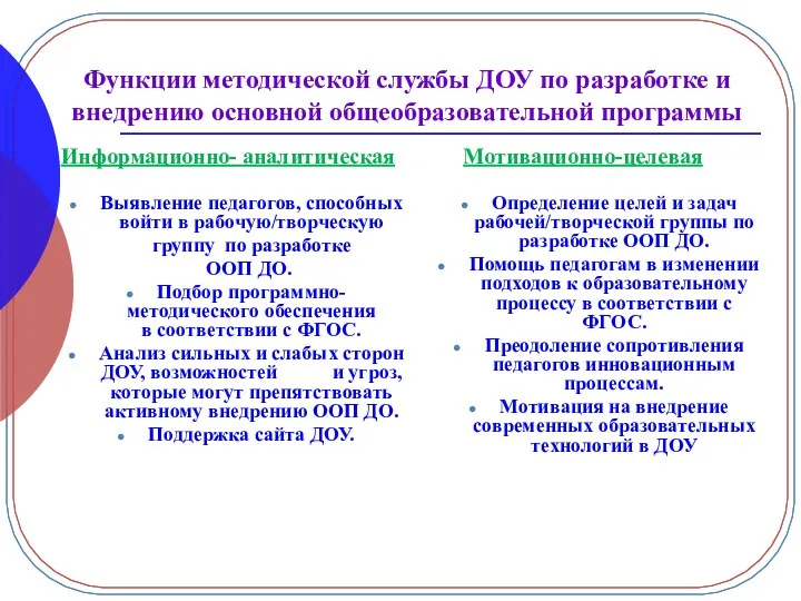 Функции методической службы ДОУ по разработке и внедрению основной общеобразовательной