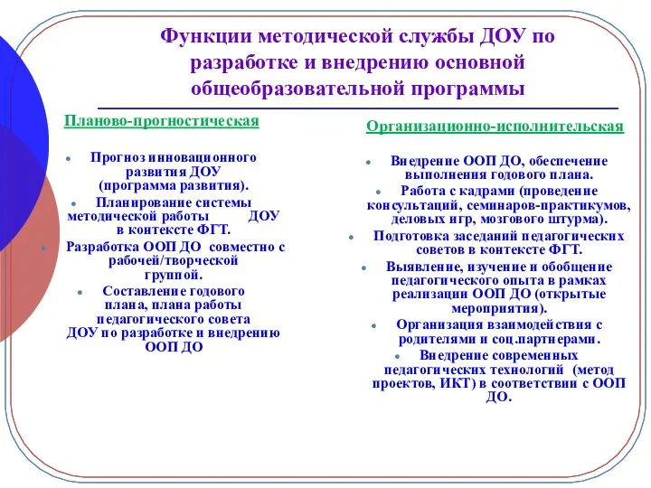 Функции методической службы ДОУ по разработке и внедрению основной общеобразовательной