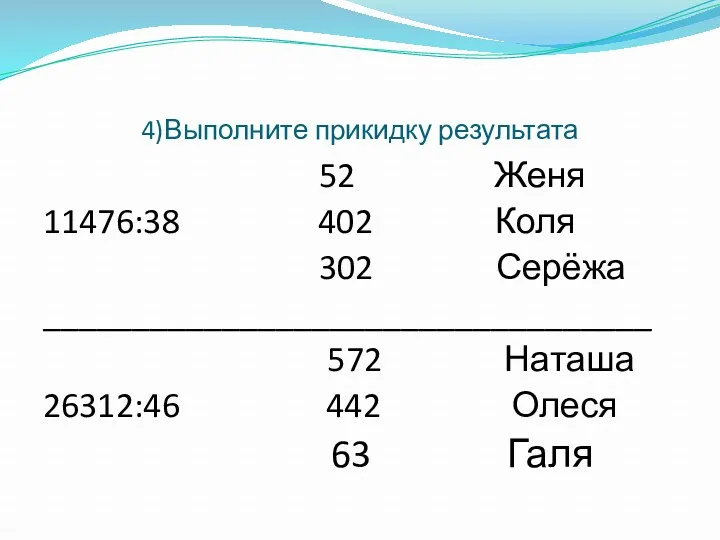 52 Женя 11476:38 402 Коля 302 Серёжа __________________________________ 572 Наташа