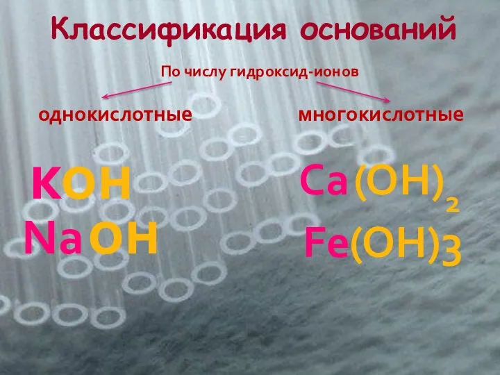 Классификация оснований По числу гидроксид-ионов однокислотные многокислотные к он Na он Ca (OH)2 Fe (OH)3