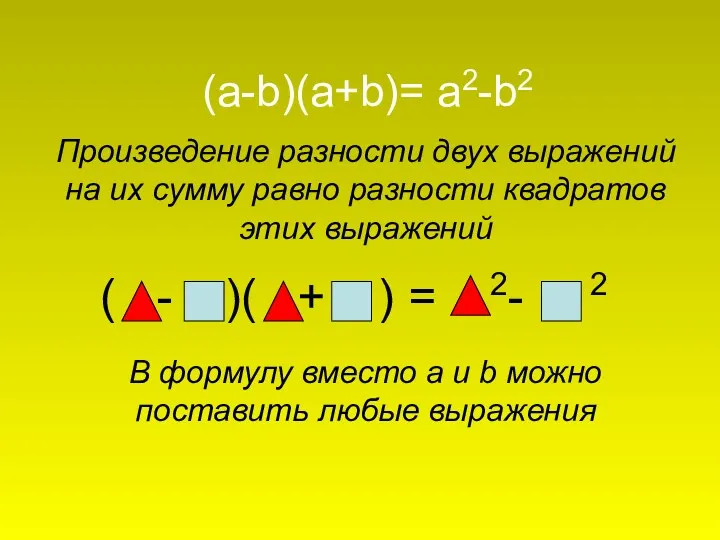 (a-b)(a+b)= a2-b2 Произведение разности двух выражений на их сумму равно разности квадратов этих