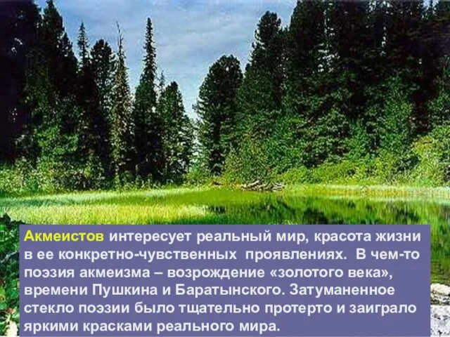 Акмеистов интересует реальный мир, красота жизни в ее конкретно-чувственных проявлениях.