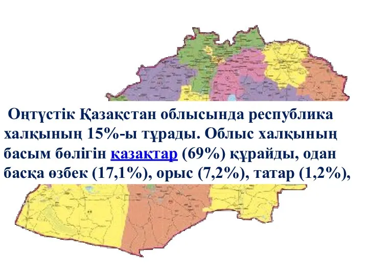 Оңтүстік Қазақстан облысында республика халқының 15%-ы тұрады. Облыс халқының басым