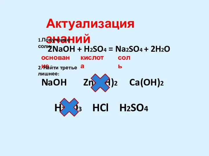2NaOH + H2SO4 = Na2SO4 + 2H2O основание кислота соль