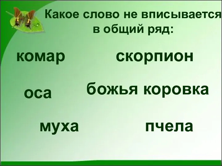 Какое слово не вписывается в общий ряд: комар муха пчела оса божья коровка скорпион