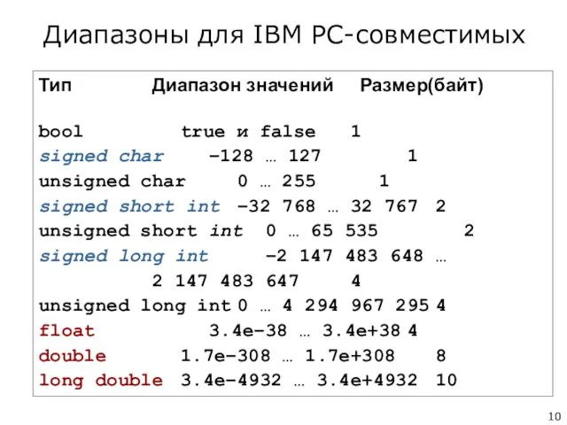 Тип Диапазон значений Размер(байт) bool true и false 1 signed